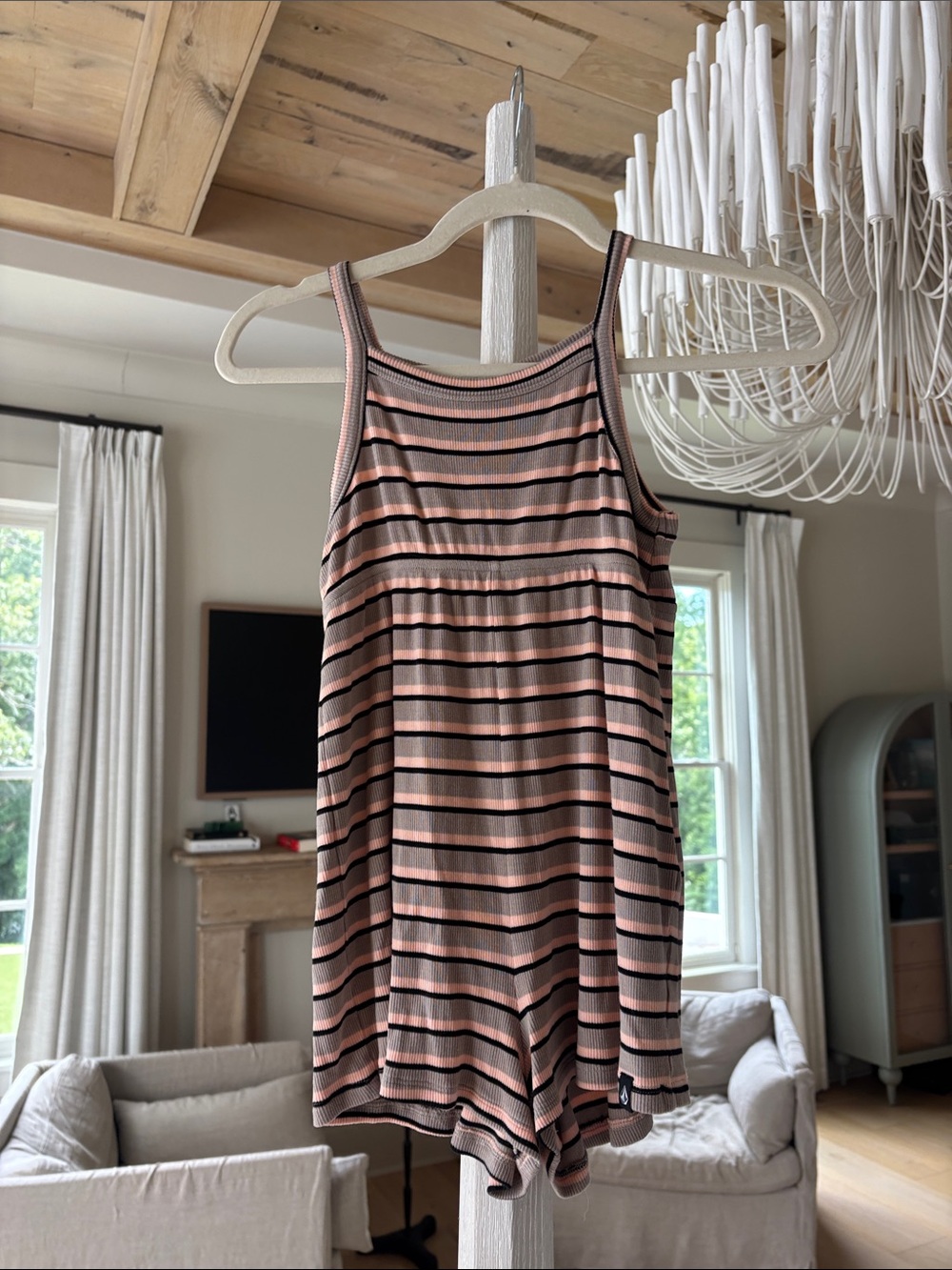 Volcom Girls Pink and Black Striped Knit One-Piece Romper